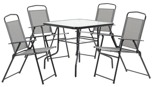 Outsunny 5 Piece Garden Dining Set Outdoor Dining Furniture 4 Folding Chairs, Glass Top Table with Parasol Hole, Texteline Seats, Black