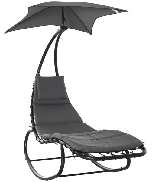 Outsunny Rocking Lounger with Canopy: Cushioned Patio Bed, Headrest Pillow for Alfresco Relaxation, Beige