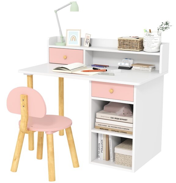 AIYAPLAY 2 Pieces Children Study Table with Hutch, Kids Desk and Chair Set with Storage Drawer, Shelves - Pink