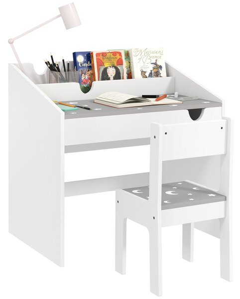 AIYAPLAY Children Study Table and Chair, Kids Desk and Chair Set with Storage, Pull-out Drawer, Gift for 3-6 Years Old - Grey