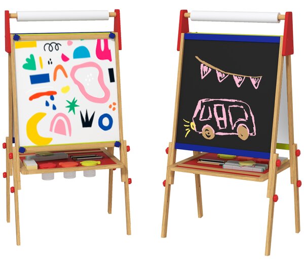 AIYAPLAY 3 in 1 Wooden Kids Easel with Paper Roll, Whiteboard & Chalkboard, Painting Accessories