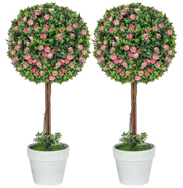 HOMCOM Set of 2 Decorative Artificial Plants, Ball Topiary Tree with Rose Flower in Pot, Fake Plants for Home Indoor Outdoor Decor, 60cm, Pink