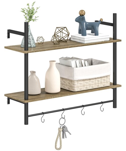 HOMCOM Wall Mounted Floating Shelves with 4 Hooks, Rustic Wall Shelf Unit for Living Room, Entryway, Grey