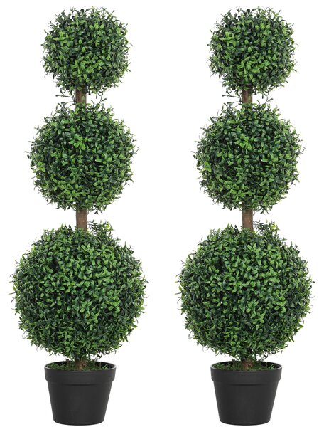 HOMCOM Set of 2 Decorative Artificial Plants, Topiary Ball-shaped Boxwood Trees in Pot, Fake Plants for Home Indoor outdoor Decor, 100cm, Green