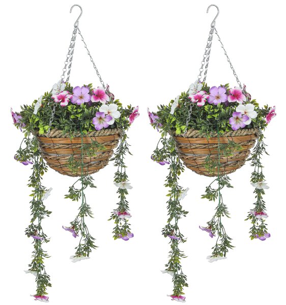 HOMCOM Set of 2 Decorative Artificial Plants, Faux Silk Azalea Flowers in Hanging Baskets, Fake Plants for Home Indoor Outdoor Decor, Pink and White