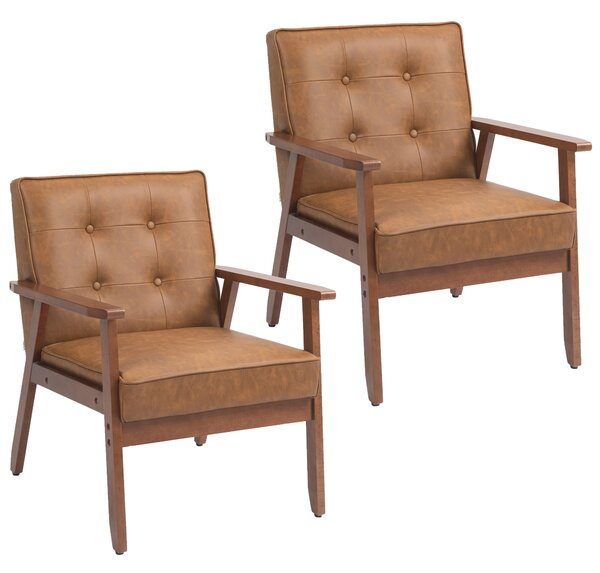 HOMCOM 2 Pack Retro-Style Accent Chair, with Faux Leather Seat - Brown