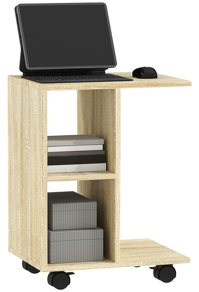 HOMCOM C-Shape End Table Unique Storage Unit w/ 2 Shelves 4 Wheels Freestanding Home Office Furniture Cabinet Square Studio Natural