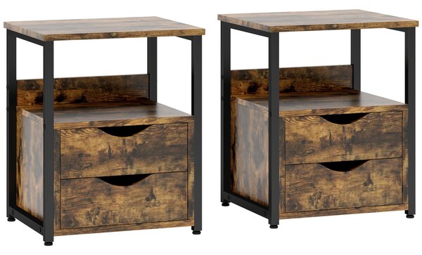 HOMCOM Industrial Side Table Set of 2, Sofa Table with Drawer, Bedside Cabinet with Storage Shelf, Slim Nightstand for Living Room, Bedroom, Rustic Brown