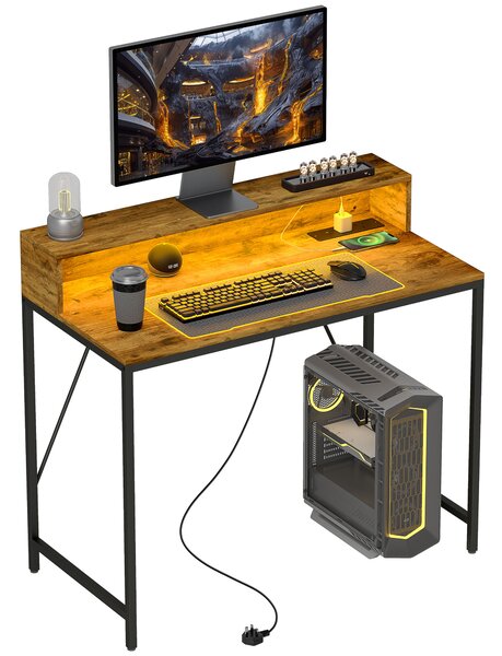 HOMCOM Computer Desk with LED Lights and Power Outlets, Gaming Desk with Monitor Stand, Computer Table with Remote for Home Office Study, Rustic Brown