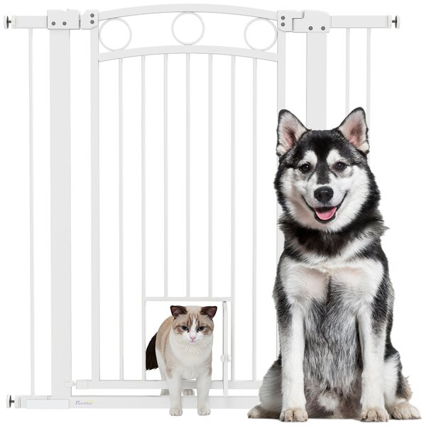 PawHut 106cm Tall Dog Gate with Cat Door, 7cm and 14cm Extensions, for Stairs, Doorways, 76-104cm Width