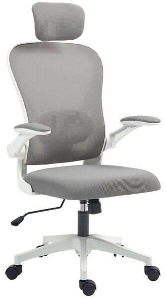 HOMCOM Executive Office Chair, Ergonomic Mesh High Back Desk Chair with Flip-up Armrest, Rotatable Headrest, Adjustable Lumbar Support, Swivel Computer Chair for Home Study, Grey