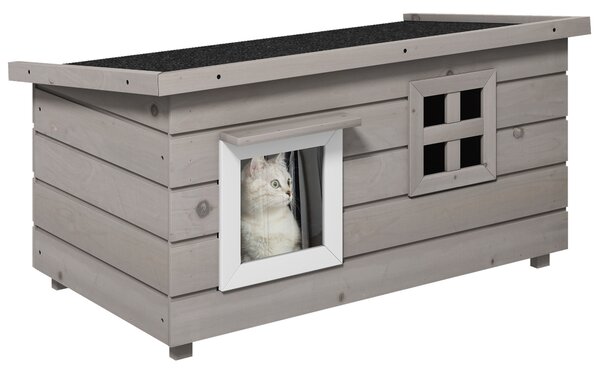 PawHut Wooden Cat House Outdoor, Elevated Cat Shelter Kennel, Pet Play House with Openable Top, Asphalt Roof, Window, Grey