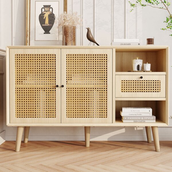 Modern Simple Sideboard with Woven Door Design, Drawers, and Unique Legs, Walnut Buffet Cabinet for Hallway, 120L x 40W x 80H cm, Light Oak Aosom.UK