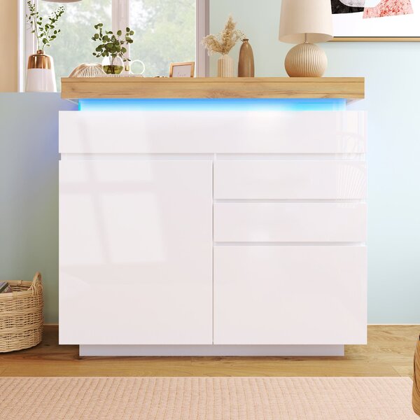 High-Gloss Sideboard Cabinet with Drawers and Doors, LED Lighting Chest of Drawers for Living Room, Hallway, 110L x 39W x 115H cm, White Aosom.UK