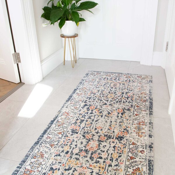 Blue Traditional Distressed Flat Low Pile Hall Runner Rug | Abella