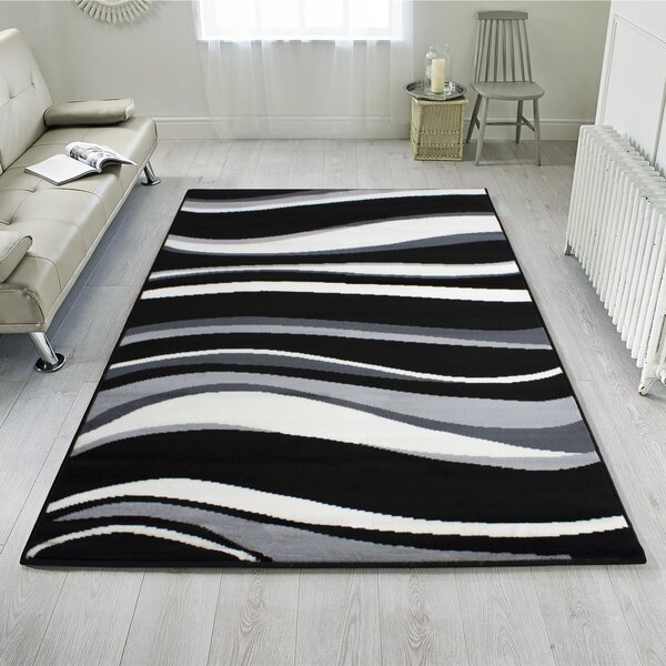 Black Grey Waves Modern Living Room Rug | Milan