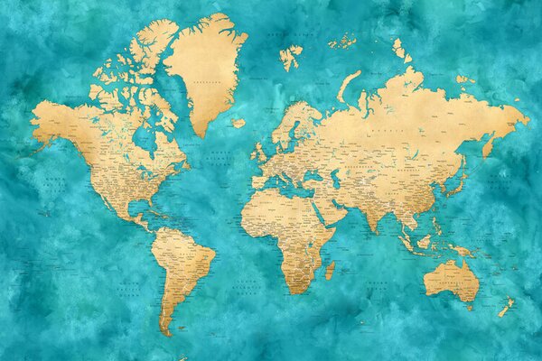 Map Detailed world map with cities in gold and teal watercolor, Lexy, Blursbyai, (40 x 26.7 cm)