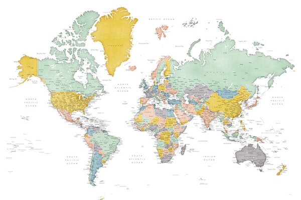 Map Detailed world map in mid-century colors, Patti, Blursbyai, (40 x 26.7 cm)