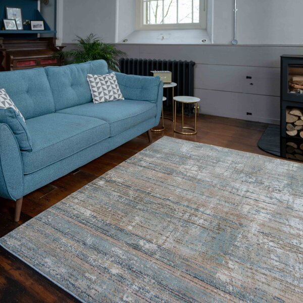 Soft Modern Blue Distressed Scratched Effect Rugs | Riviera