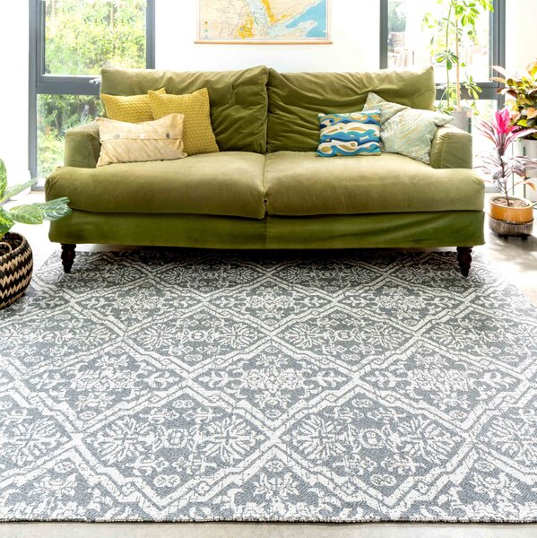 Contemporary Vintage Jacquard Grey Woven Sustainable Recycled Cotton Rug | Kendall