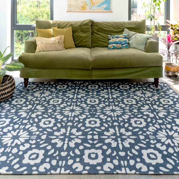 Floral Geometric Blue Woven Sustainable Recycled Cotton Rug | Kendall