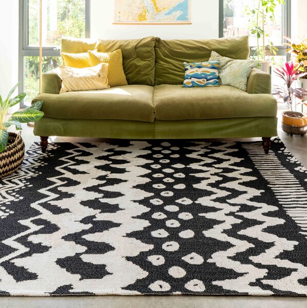 Rustic Chic Black White Woven Sustainable Recycled Cotton Rug | Kendall