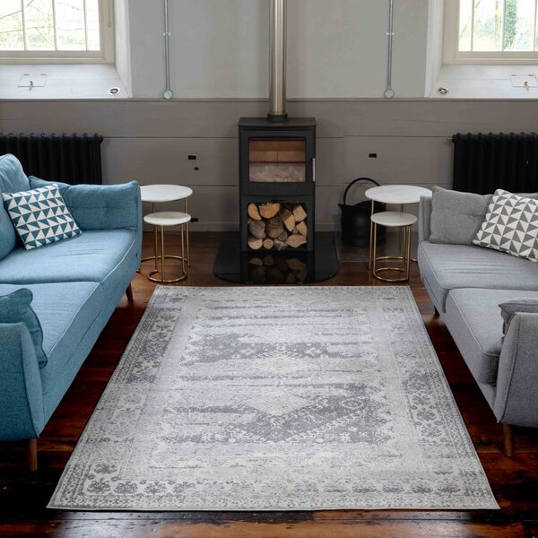 Distressed Grey Silver Soft Oriental Living Room Rug | Oscar