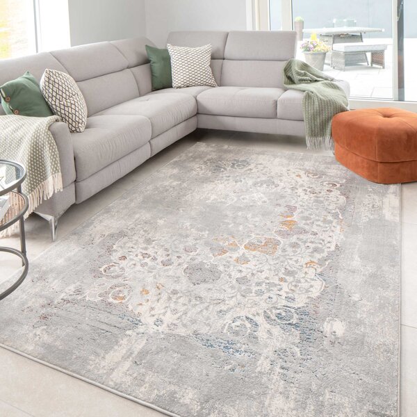 Ornate Soft Grey Distressed Medallion Living Room Rug | Ludlow