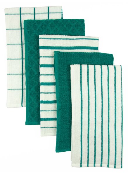 Set of 5 Terry Tea Towels Green/White