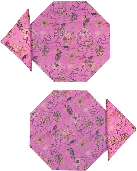 SET OF 2 BOUQUET OCTAGONAL PLACEMATS AND NAPKINS IN PINK
