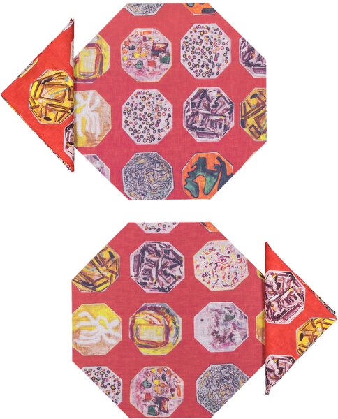 SET OF 2 MEDAILLONS OCTAGONAL PLACEMATS AND NAPKINS IN RED