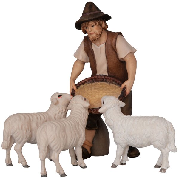 Shepherd feeding three sheep - Folk