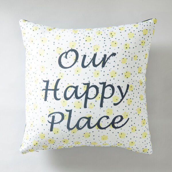 Happy Place Slogan Cushion Blue, Yellow and White