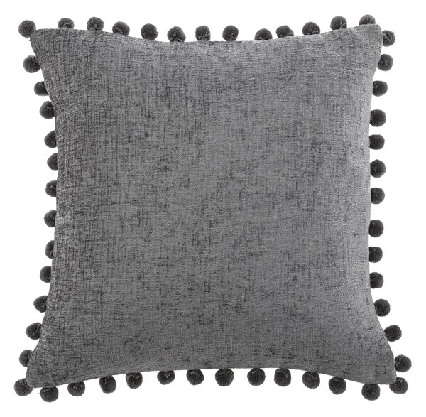 Chenille Square PomPom Cushion Grey