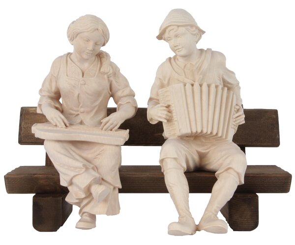 Zither and accordion players sitting on bench