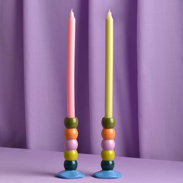 Set of 2 Bobbin Candle Sticks Pink/Green
