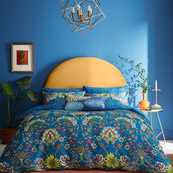Gardenia Floral Damask 200 Thread Count Cotton Blue Duvet Cover and Pillowcase Set Blue