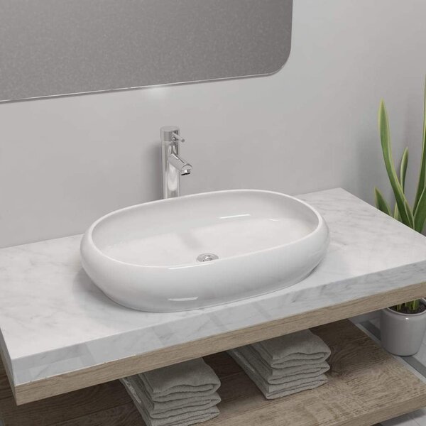 Oval White Ceramic Bathroom Basin With Tap
