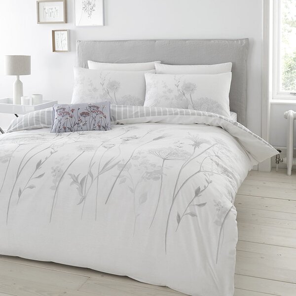 Catherine Lansfield Meadowsweet Floral Duvet Cover Bedding Set White Grey