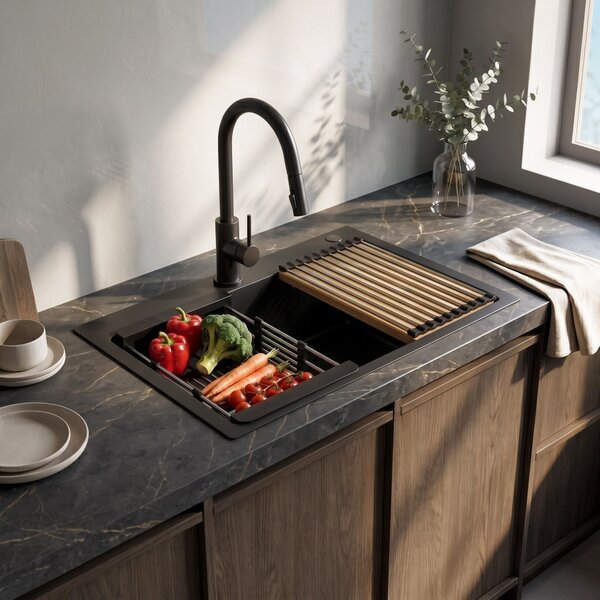 Steel sink with 3-piece accessory set REA Liam Black
