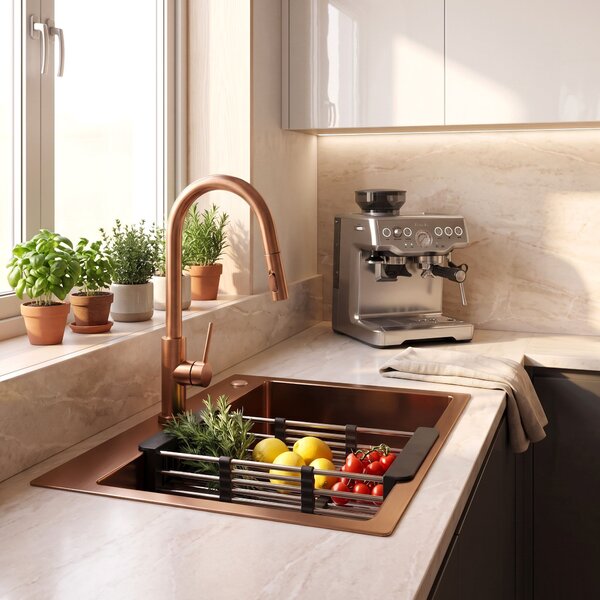 Steel sink with 3-piece accessory set REA Liam Brush Copper