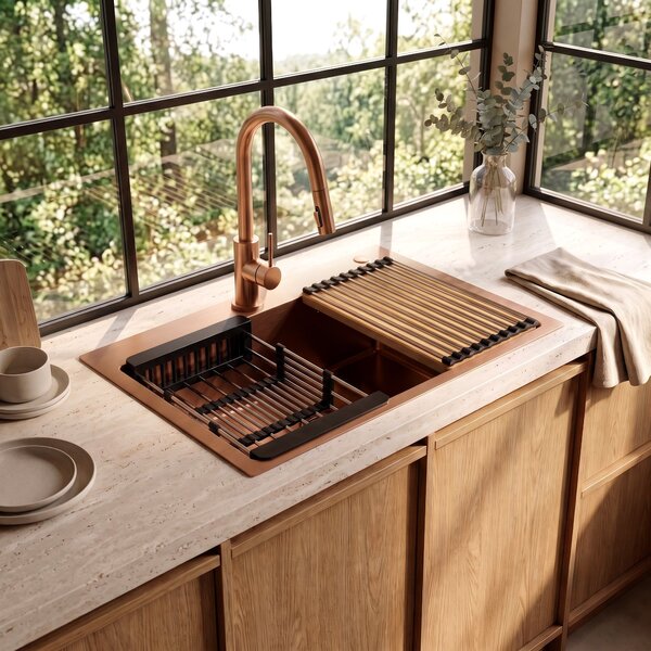 Steel sink with 3-piece accessory set REA Liam Brush Copper