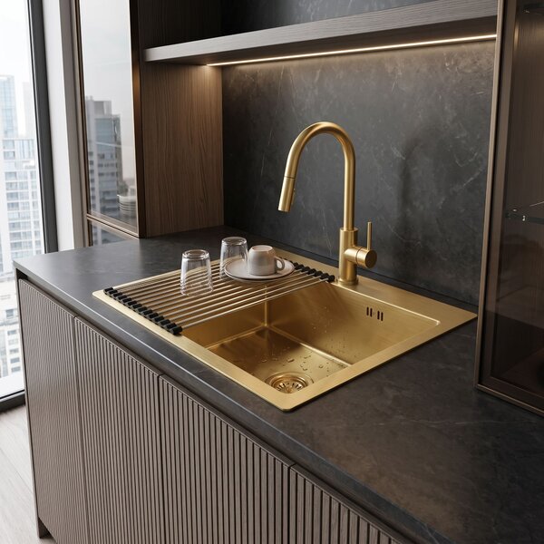 Steel sink with 3-piece accessory set REA Leo 50 Brush Gold