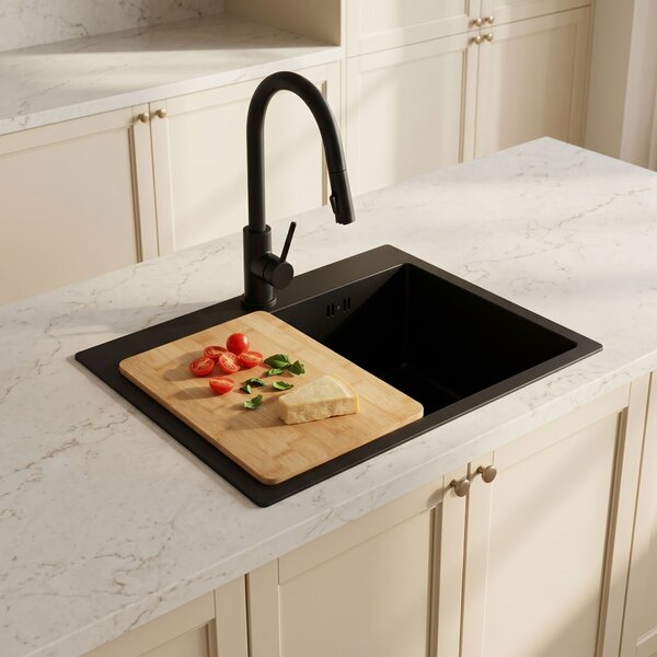 Steel sink with 3-piece accessory set REA Leo 50 Black
