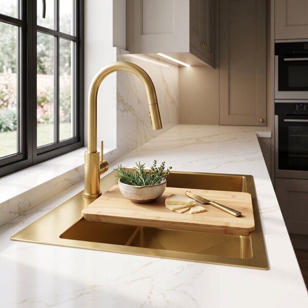 Steel sink with 3-piece accessory set REA Leo 50 Brush Gold