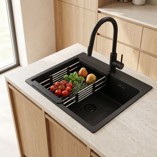 Steel sink with 3-piece accessory set REA Leo 50 Black