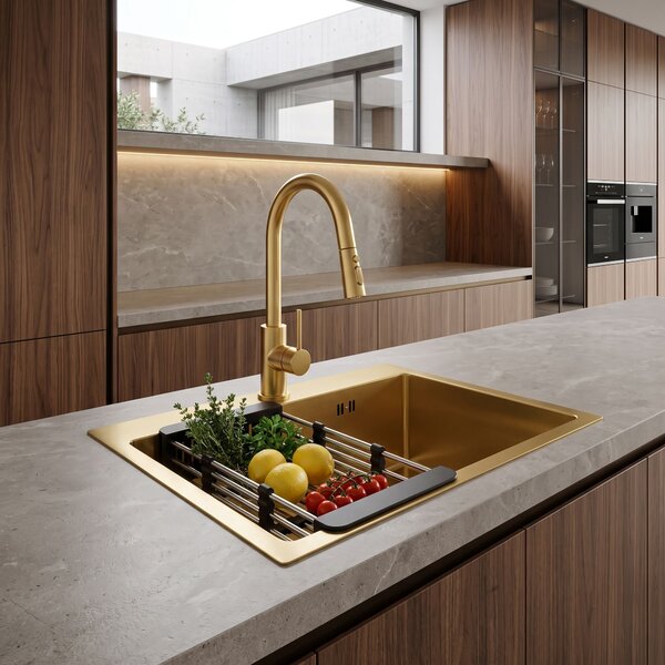 Steel sink with 3-piece accessory set REA Leo 50 Brush Gold