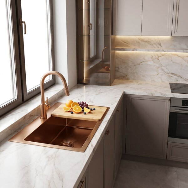 Steel sink with 3-piece accessory set REA Leo 50 Brush Copper