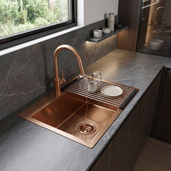 Steel sink with 3-piece accessory set REA Leo 50 Brush Copper