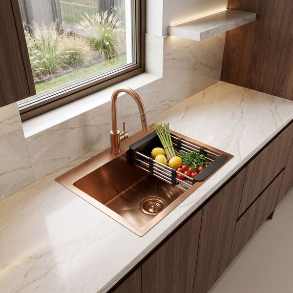 Steel sink with 3-piece accessory set REA Leo 50 Brush Copper